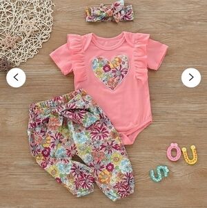 Unbranded 3 Peice Set Girls Dusty Coral Top With Foral Tie Bottoms Size 3-6 M